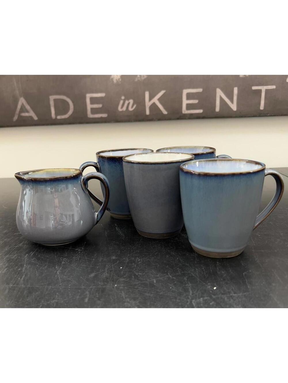 Sango Concepts Eggplant Blue Ombre Glazed Stoneware (4) Mugs Creamer Pitcher